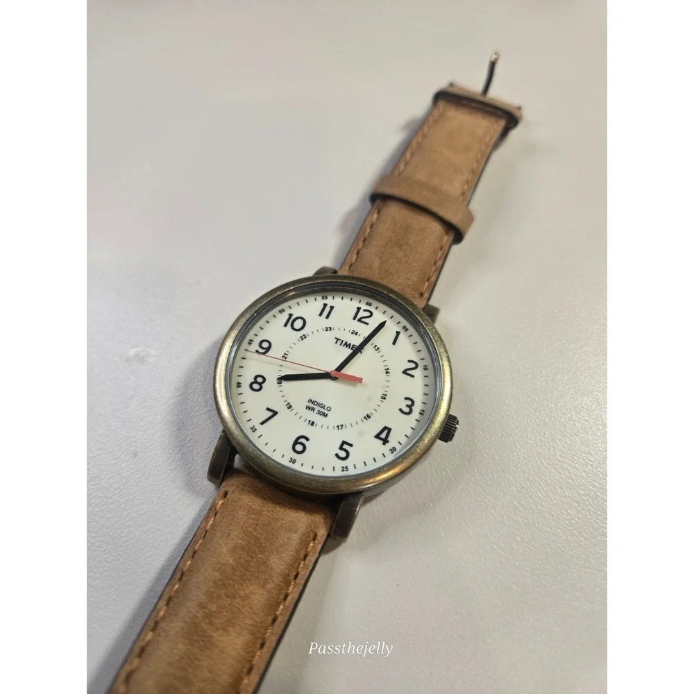 Timex T2P220 Weekender Mens 42mm White Dial Bronze Tone Leather Watch WR30M